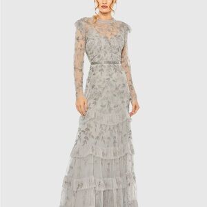 MAC DUGGAL 9237 FLORAL EMBELLISHED FLUTTER CAP LONG SLEEVE PLATINUM GOWN  $798